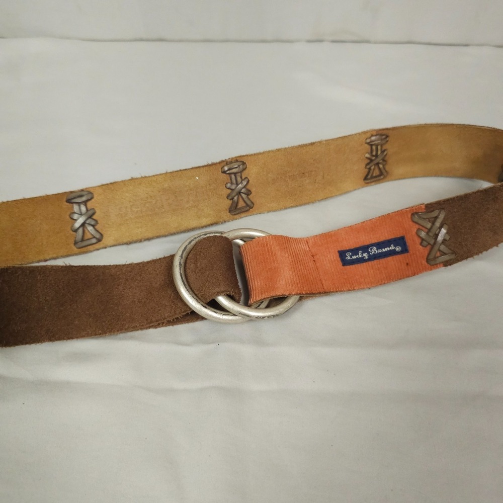 Vintage Lucky Brand Leather Belt Women 30 Inch Length Leather Corduroy Patchwork - Picture 4 of 15